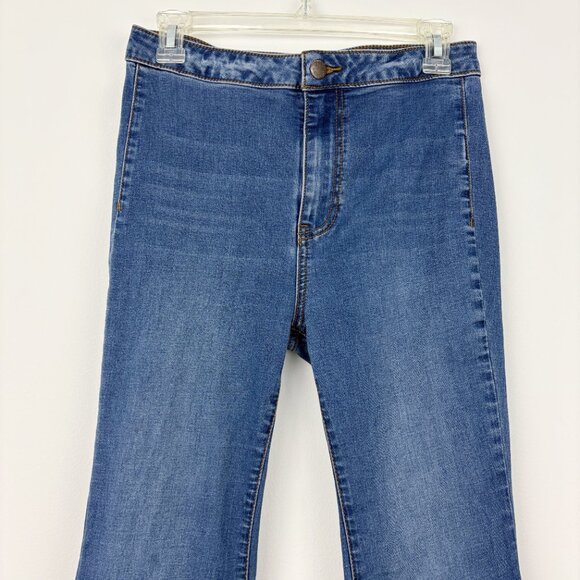Free People Just Float On Flare Jeans Size 27 Blue Hi-rise Raw Hem Cotton Blend - Picture 4 of 10
